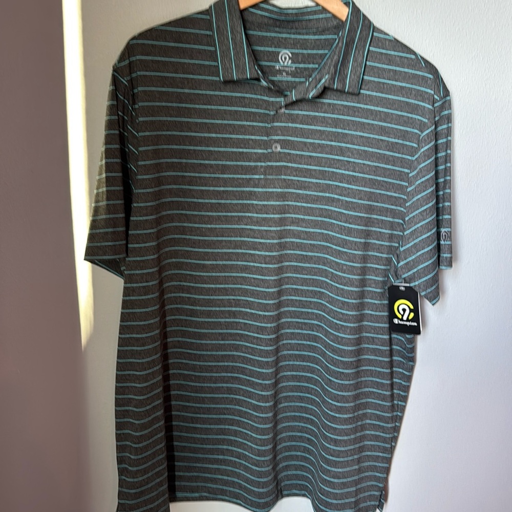 Men’s champion, extra large polo shirt, gray, and blue striped new with tags
